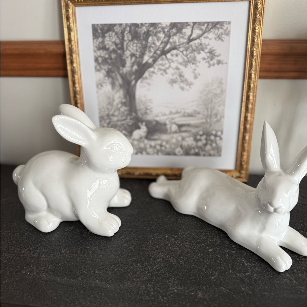 3 of set Ceramic Rabbit Bunny & picture My Texas House. Easter display. Walmart